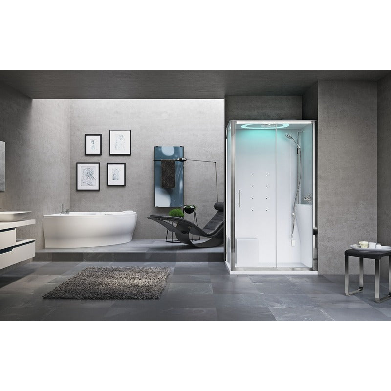 Moderne Badezimmeransicht mit der Dampfdusche Novellini Eon 2P+F in stilvollem, grauen Interieur – elegante Kombination aus Funktion und Design.